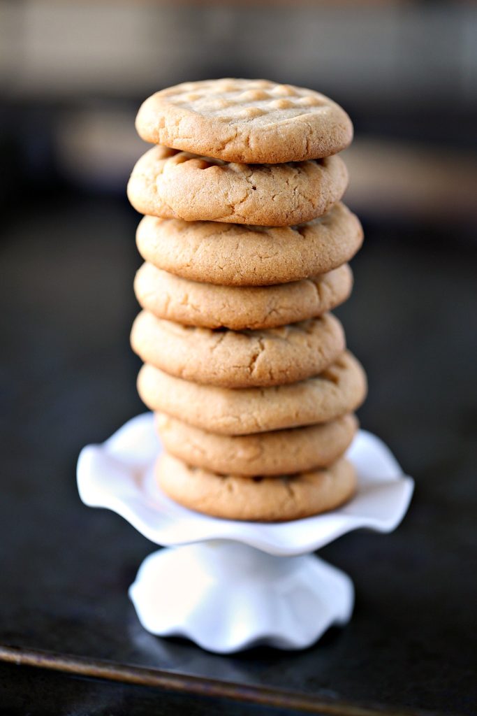 peanut butter cookies stacked on a mini cupcake stand