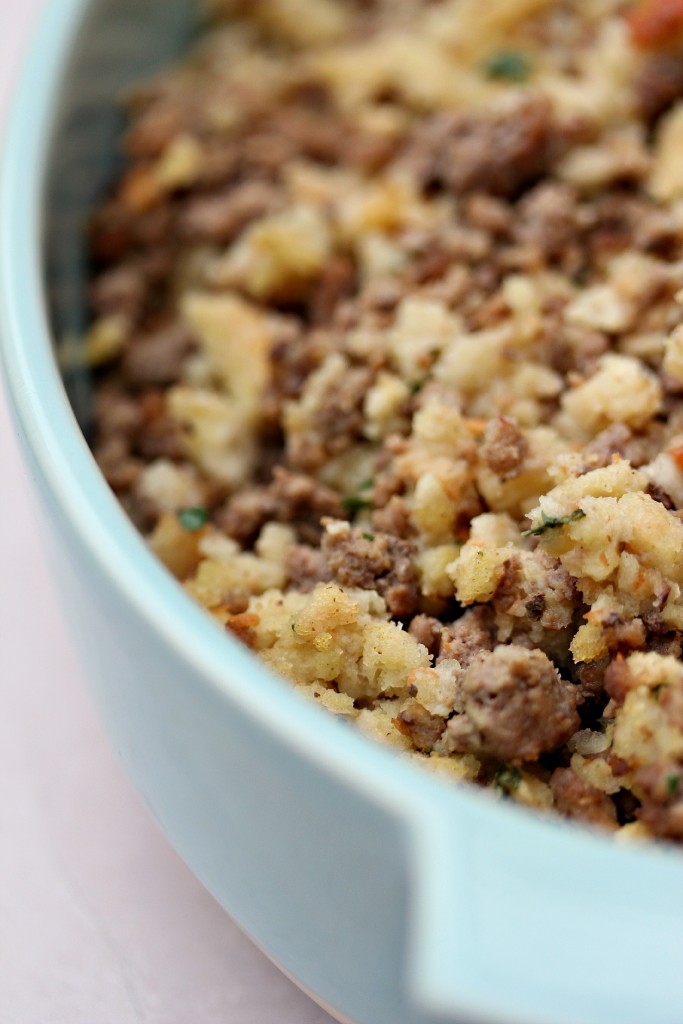 Cheater stuffing in a light blue baking dish.