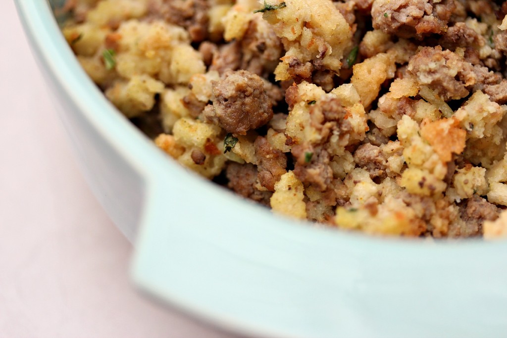 Cheater stuffing in a blue baking dish.