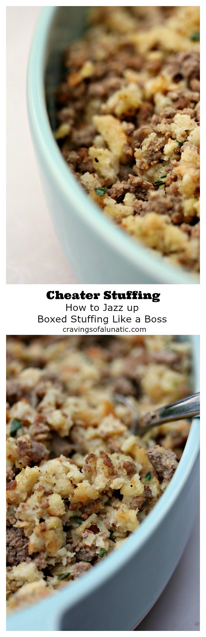 Cheater Stuffing from cravingsofalunatic.com- If you're too busy to make stuffing from scratch this recipe is a great alternative. It's a fabulous recipe for jazzing up boxed stuffing mixes. (@CravingsLunatic) 