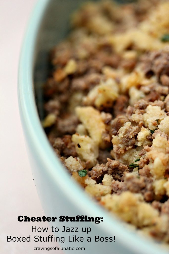 Cheater stuffing in a light blue dish.