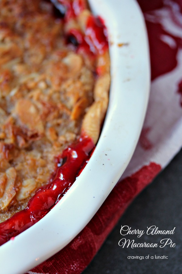Cherry Almond Macaroon Pie in a red and white pie dish