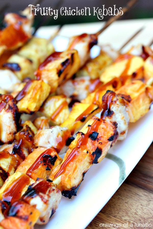 Fruity Chicken Kebabs served on a white platter 