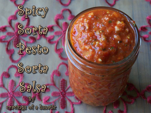 Spicy Sorta Pesto/ Sorta Salsa from cravingsofalunatic.com- This easy recipe works as both a pesto and a salsa. Pile this delicious condiment on everything you can find!