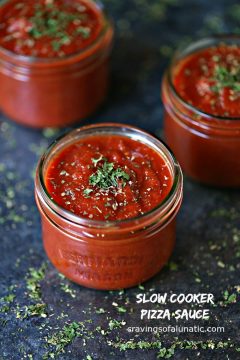 image of 3 mason jars full of slow cooker pizza sauce