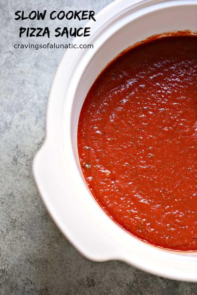 overhead image of pizza sauce cooked in a slow cooker 