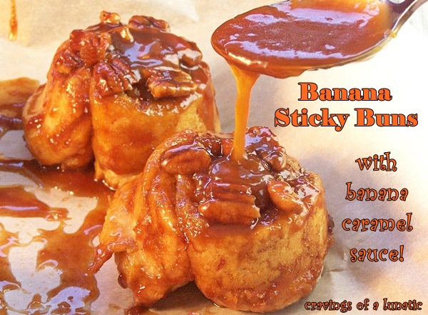 banana sticky buns in pan with caramel being drizzled over top with a spoon