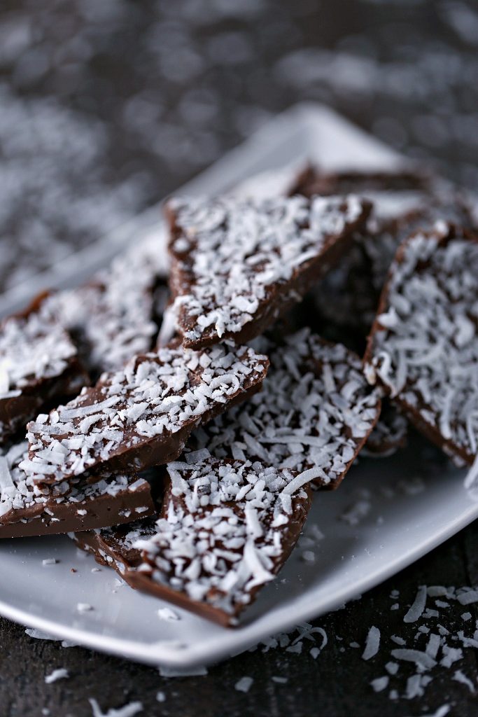 Chocolate Coconut Bark on a white plate
