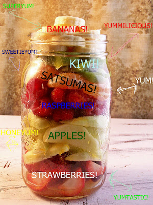 Fruit Salad in a Jar, fruit is layered in a tall mason jar