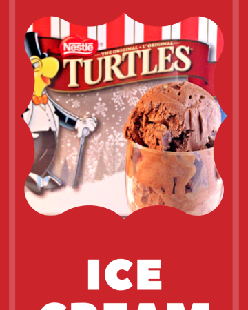 Turtles ice cream served in a wine glass with a box of Turtles candy in the backgroun