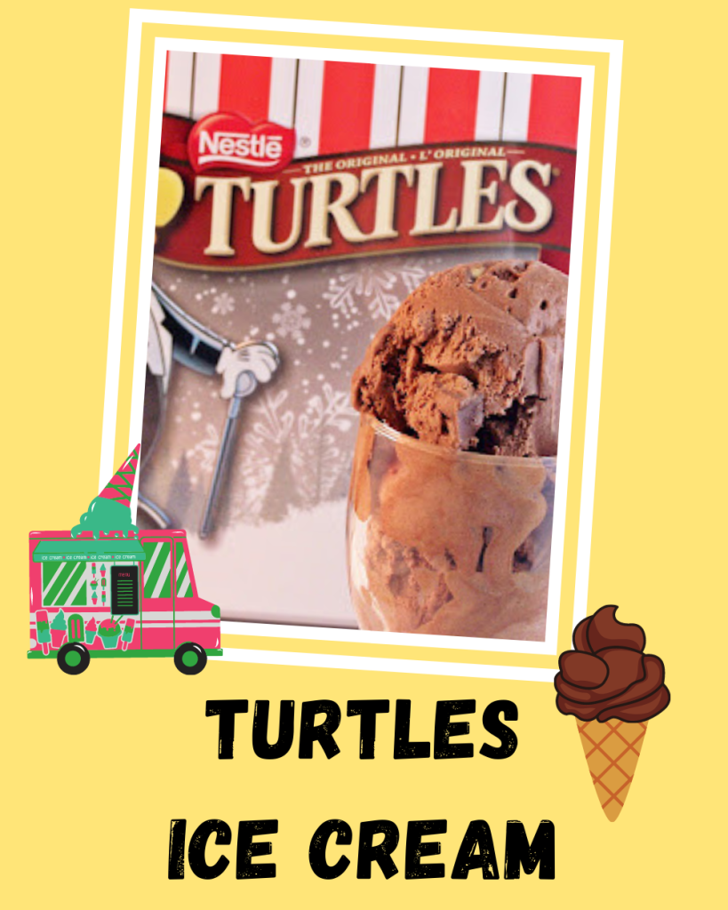 Turtles Ice Cream graphic with ice cream truck and ice cream cone along with photo of homemade turtles ice cream