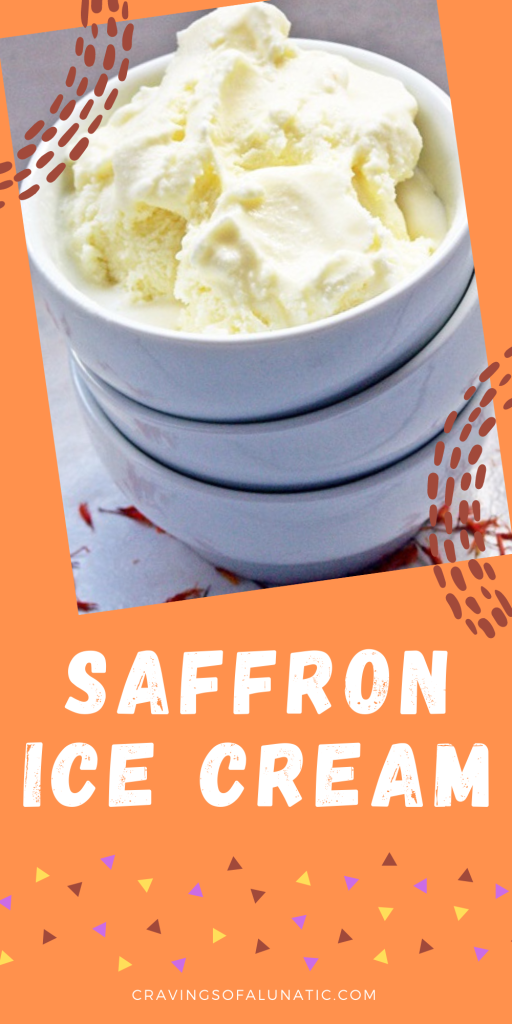 Saffron Ice Cream in served in stacked bowls with saffron scattered on counter.