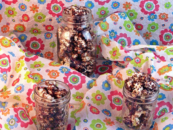 Chocolate Cake Popcorn in mason jars
