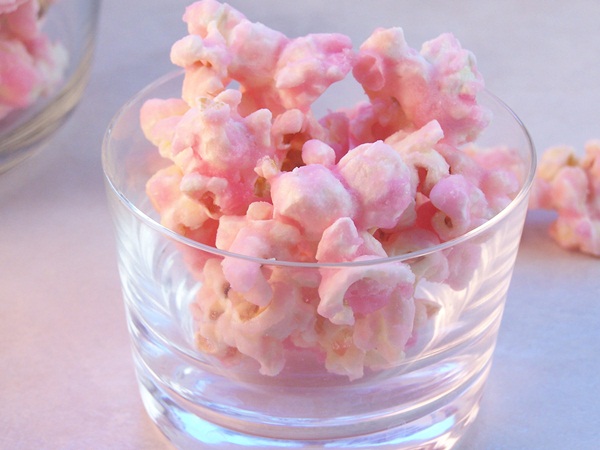 Old Fashioned Pink Popcorn served in tiny glass bowls