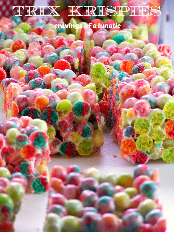 Trix Krispies from cravingsofalunatic.com- Super easy to make cereal treats made with Trix Cereal. Your family and friends will love these. Simple, quick and incredibly tasty. Not to mention they are just seriously eye catching!