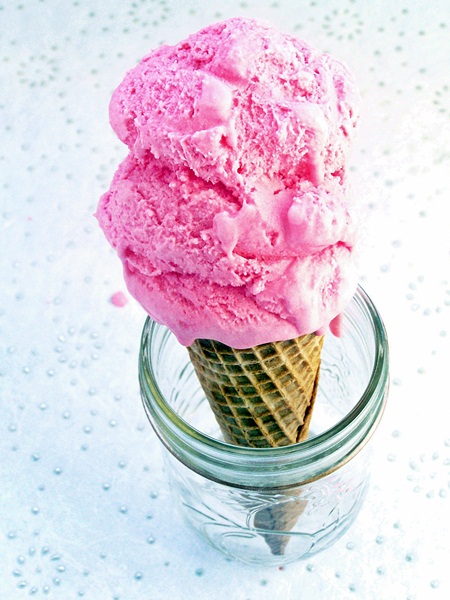 Pink Lemonade Ice Cream in cone in jar