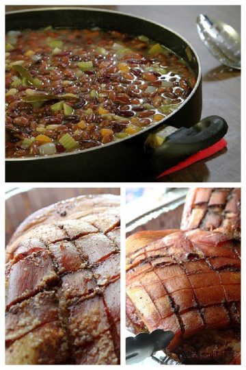 Crispy n' Juicy Roasted Pork Shoulder and Beans collage image featuring finished dish and two images of the pork being prepped