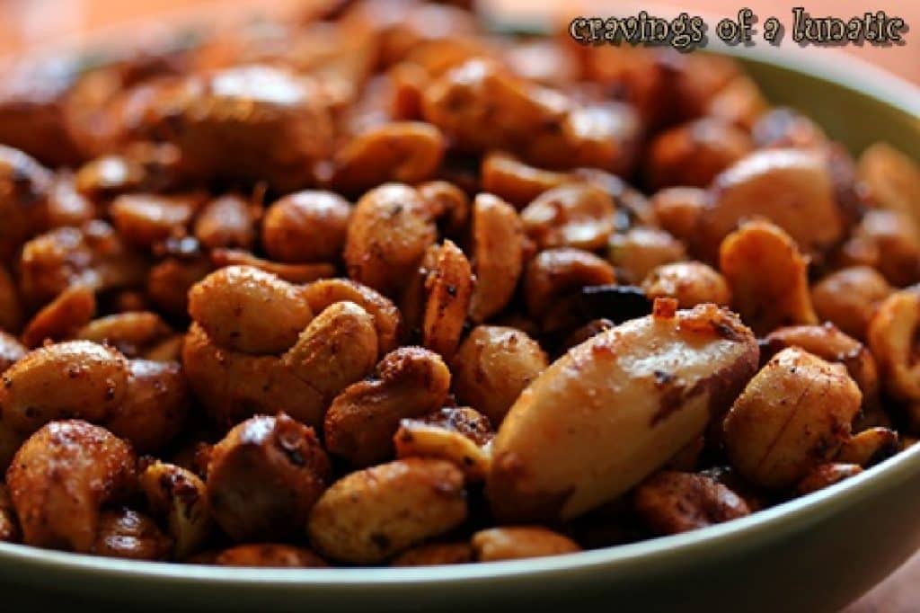 Close up image of a bowl of spicy nuts