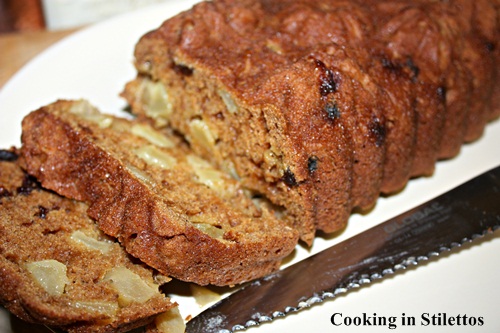 Harvest Bread Recipe- Guest Post by Aly Cleary of cookinginstilettos.com - Homemade bread recipe full of apples, cherries and rum. 