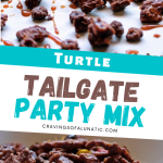 Turtle Tailgate Mix cooling on a pan then served in a bowl