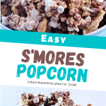 s'mores popcorn in a blue bowl