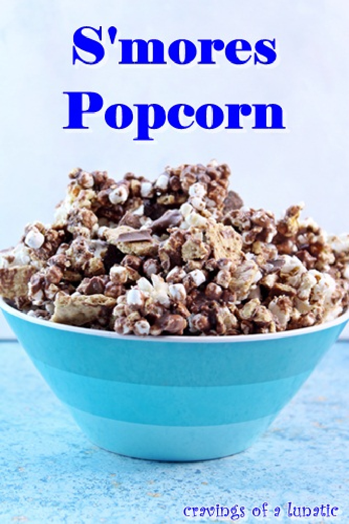 s'mores popcorn served in a blue bowl
