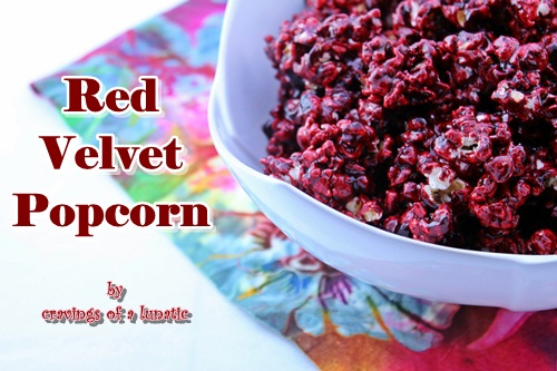 red velvet popcorn in a white bowl