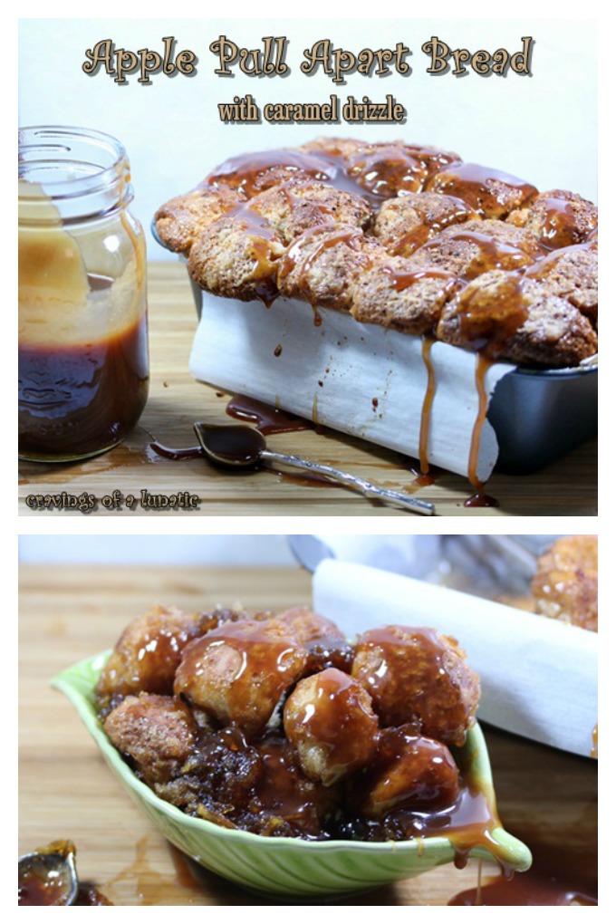 Apple Pull Apart Bread with Caramel Drizzle in pan and served