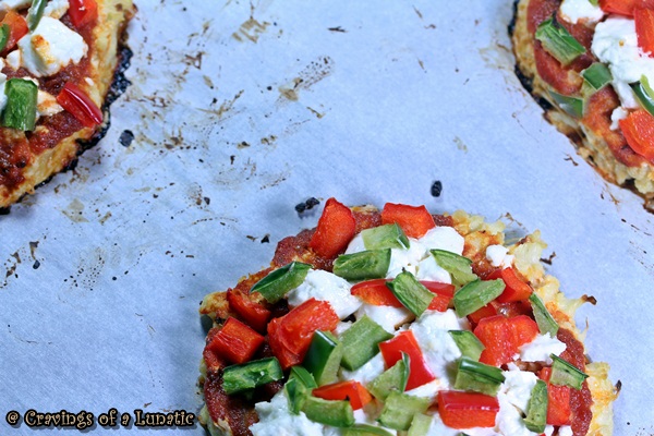 Cauliflower Pizza with Peppers. A healthy and delicious cauliflower base pizza topped with goat cheese and peppers.