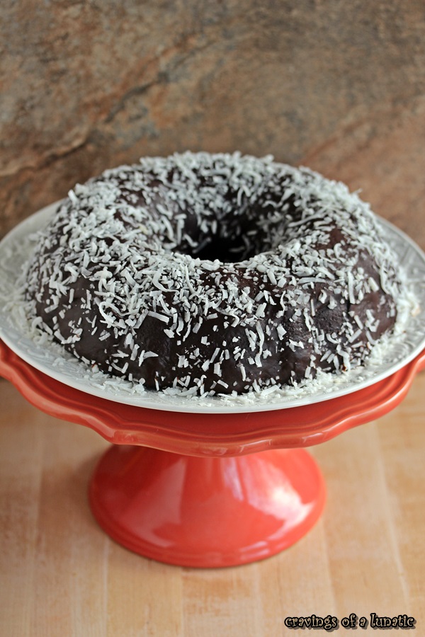 chocolate bundt cake on a white plate on top of a coral cake stand