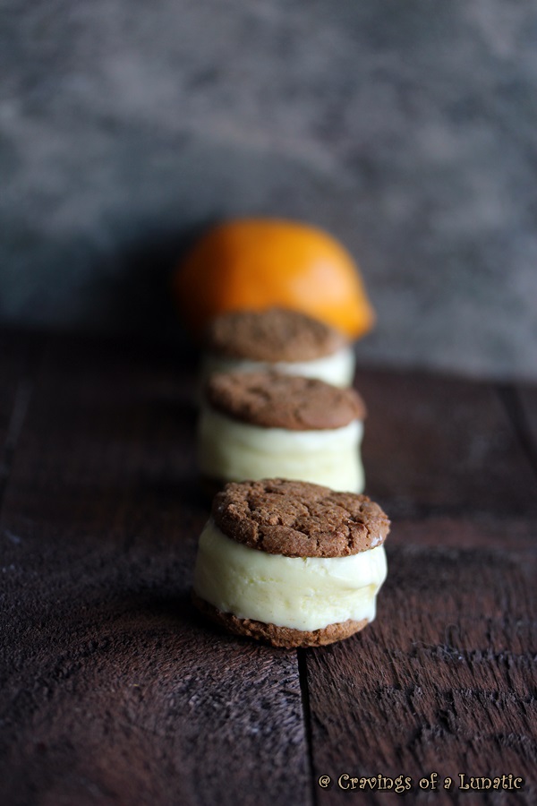 Meyer Lemon Ice Cream Sandwiches from cravingsofalunatic.com- Great recipe for a no egg, meyer lemon ice cream that is wedged between cookies to make a wonderful Meyer Lemon Ice Cream Sandwich.