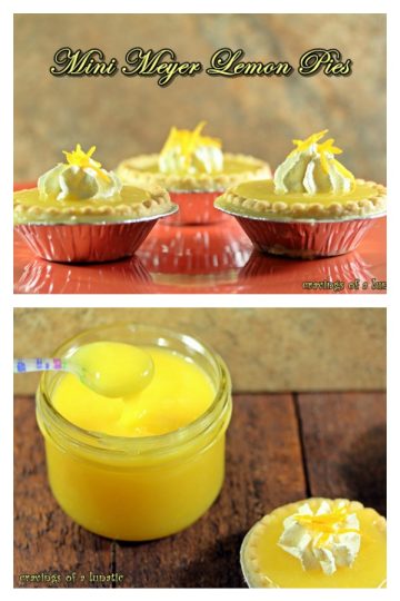 Mini Meyer Lemon Pies. Simple Meyer lemon curd poured into mini pie shells and topped with whipping cream.