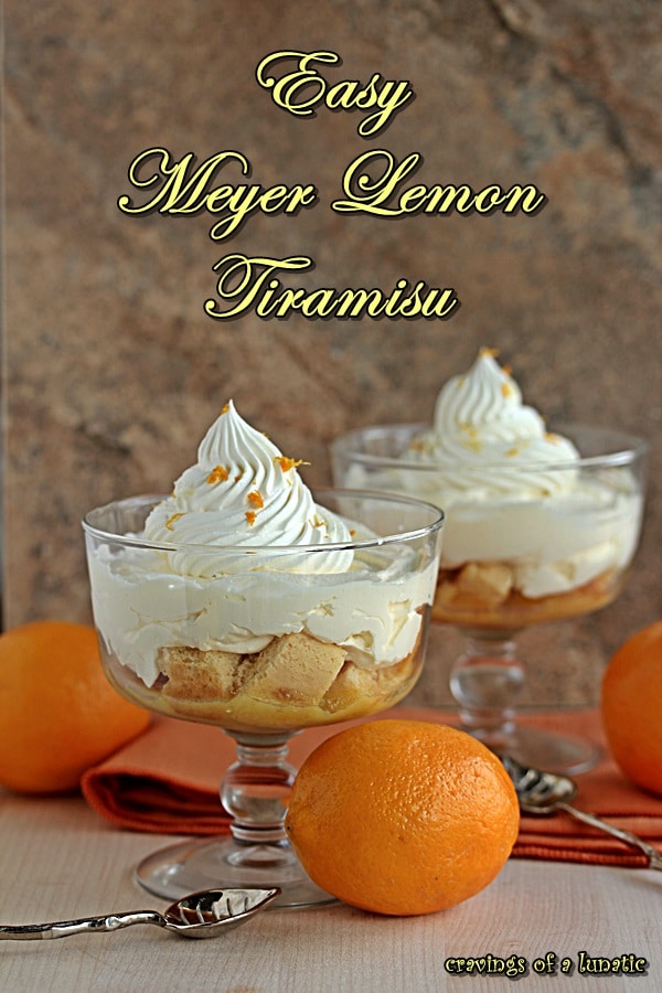 Easy Mini Meyer Lemon Tiramisu served in individual glass parfait dishes.