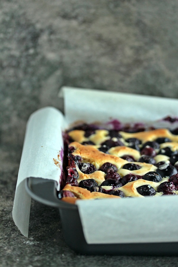 Meyer Lemon and Blueberry Bars in a parchment lined pan