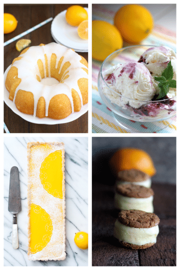 Collage image featuring 4 images of recipes that use meyer lemons. Top left is a bundt cake, top right is ice cream in a bowl, bottom left is a tart, and bottom right is ice cream sandwiches.