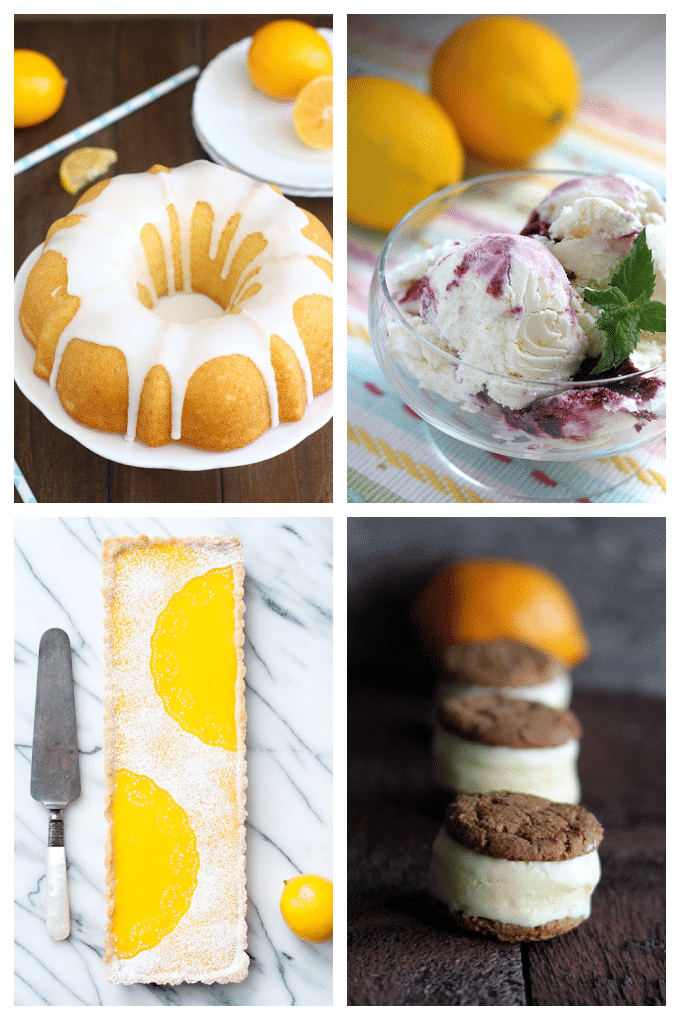 Collage image featuring 4 images of recipes that use meyer lemons. Top left is a bundt cake, top right is ice cream in a bowl, bottom left is a tart, and bottom right is ice cream sandwiches.