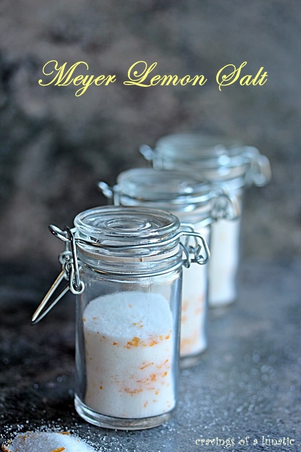 Meyer Lemon Salt stored in small glass spice jars.