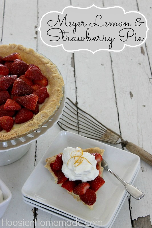 Meyer Lemon & Strawberry Pie served on square plates with pie in background