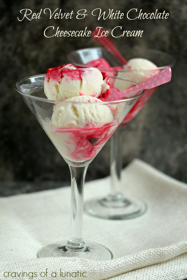 Red Velvet and White Chocolate Swirl Cheesecake Ice Cream served in martini glasses.