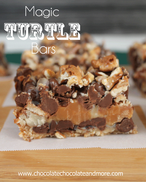 Magic Turtle Bars by Chocolate Chocolate and More | Featured on Cravings of a Lunatic's Turtles Recipes Round Up | #turtles #caramel #pecan #bars #magicbars #dessert