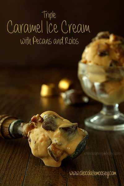 Inspired by Turtles Ice Cream aka Triple Caramel Pecan Rolo Ice Cream by Chocolate Moosey | Featured on Cravings of a Lunatic's Turtles Recipe Round Up | #turtles #recipe #sweets #chocolate #caramel #pecans #icecream 