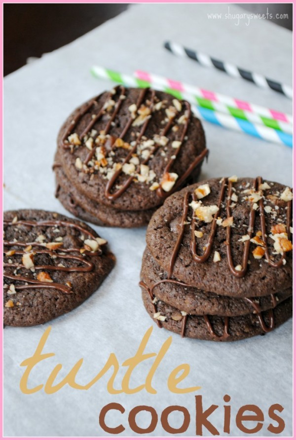 Turtle Cookies by Shugary Sweets | Featured on Cravings of a Lunatic's Turtles Recipe Round Up | #turtles #recipe #sweets #chocolate #caramel #pecans #cookies