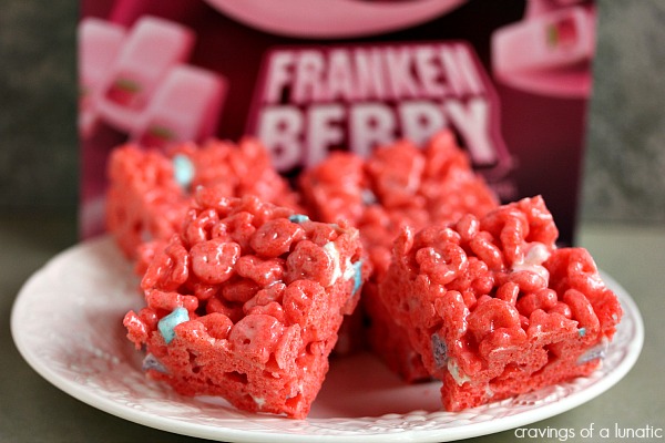 Franken Berry Krispies on a white plate