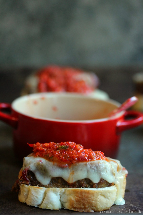 Mini Meatloaf Sandwiches with Red Pepper Pesto from cravingsofalunatic.com- Start with meatloaf packed with roasted red peppers, then make mini sandwiches topped with BBQ Sauce, Provolone Cheese and Red Pepper Pesto. Perfect for game day. (CravingsLunatic)