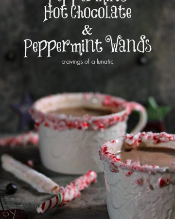 Peppermint Flavoured Hot Chocolate with Peppermint Wands served on a dark surface.