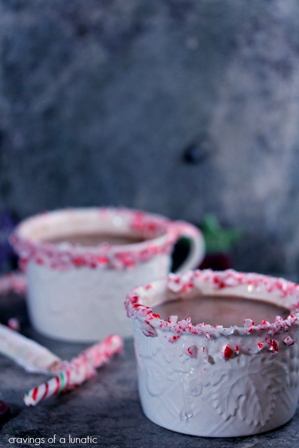 Peppermint Flavoured Hot Chocolate with Peppermint Wands served in white mugs.