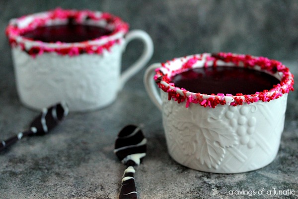 Red Velvet Hot Chocolate in white mugs/