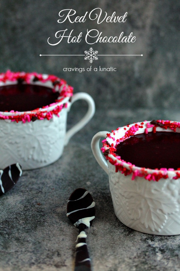 Red Velvet Hot Chocolate in white mugs