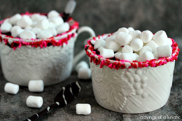 Red Velvet Hot Chocolate in white mugs.