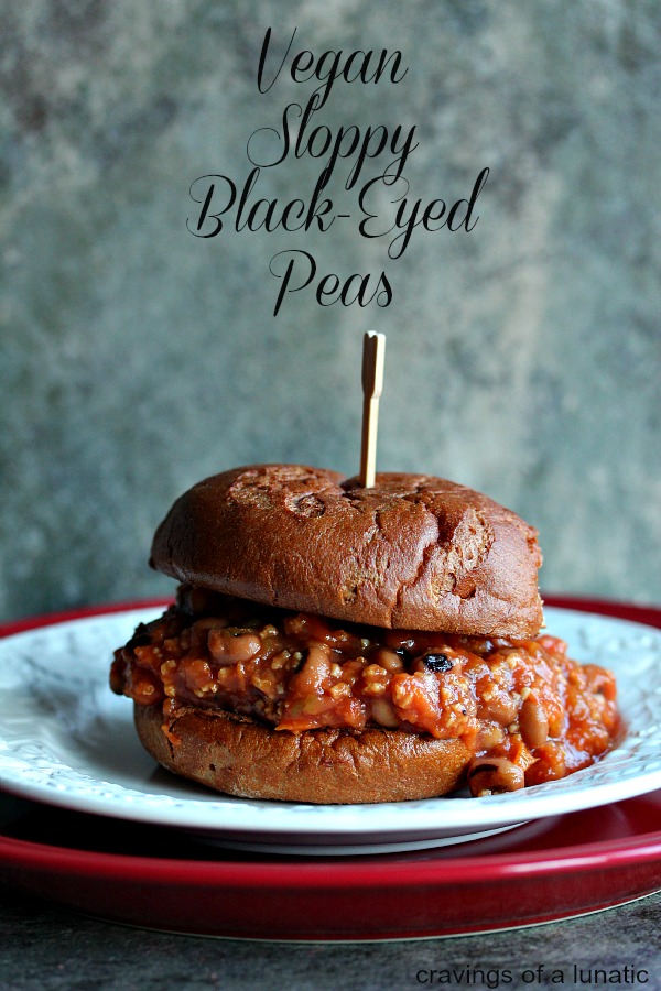 Sloppy Black Eyed Peas served on white and red stacked plates. 